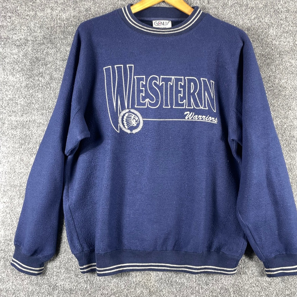 Vintage Genus Western Warriors Sweatshirt Mens L Navy Blue Fleece Pullover‎ 90s
